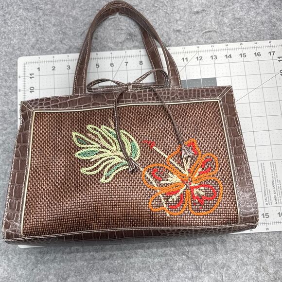 Liz Claiborne Vintage Brown Woven Straw Floral Embroidery Satchel Purse Bag - Picture 7 of 10